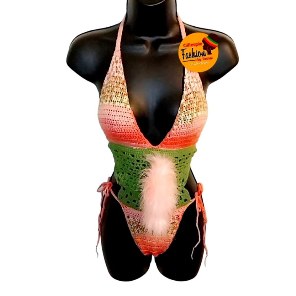 Fashionbytashai handmade crochet pink with a bit of lime green and fur swimwear